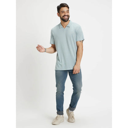 Blue Solid Linen-Blend Polo