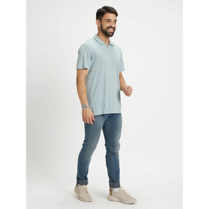 Blue Solid Linen-Blend Polo