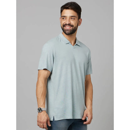 Blue Solid Linen-Blend Polo