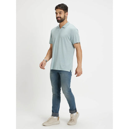 Blue Solid Linen-Blend Polo