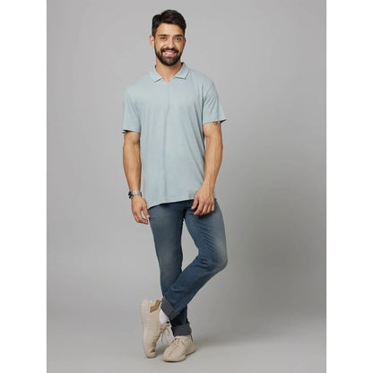 Blue Solid Linen-Blend Polo