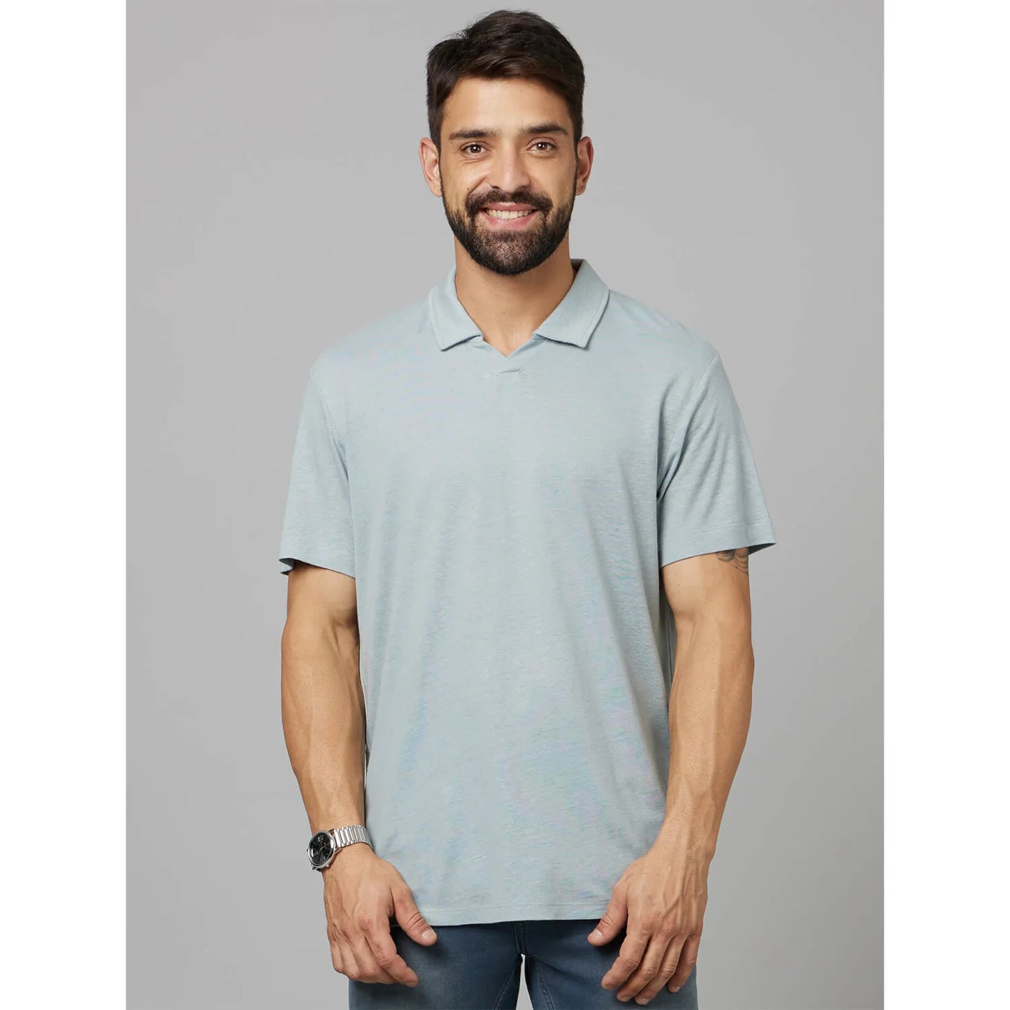 Blue Solid Linen-Blend Polo