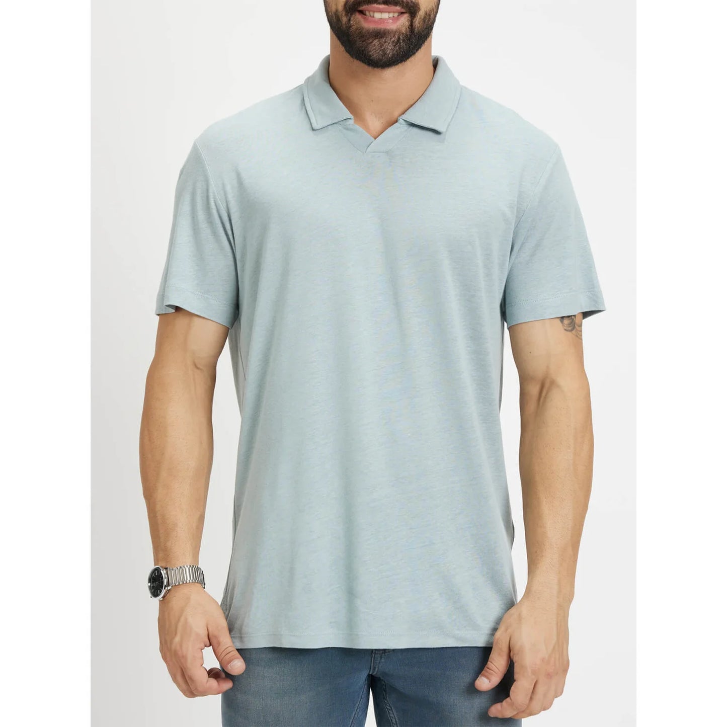 Blue Solid Linen-Blend Polo