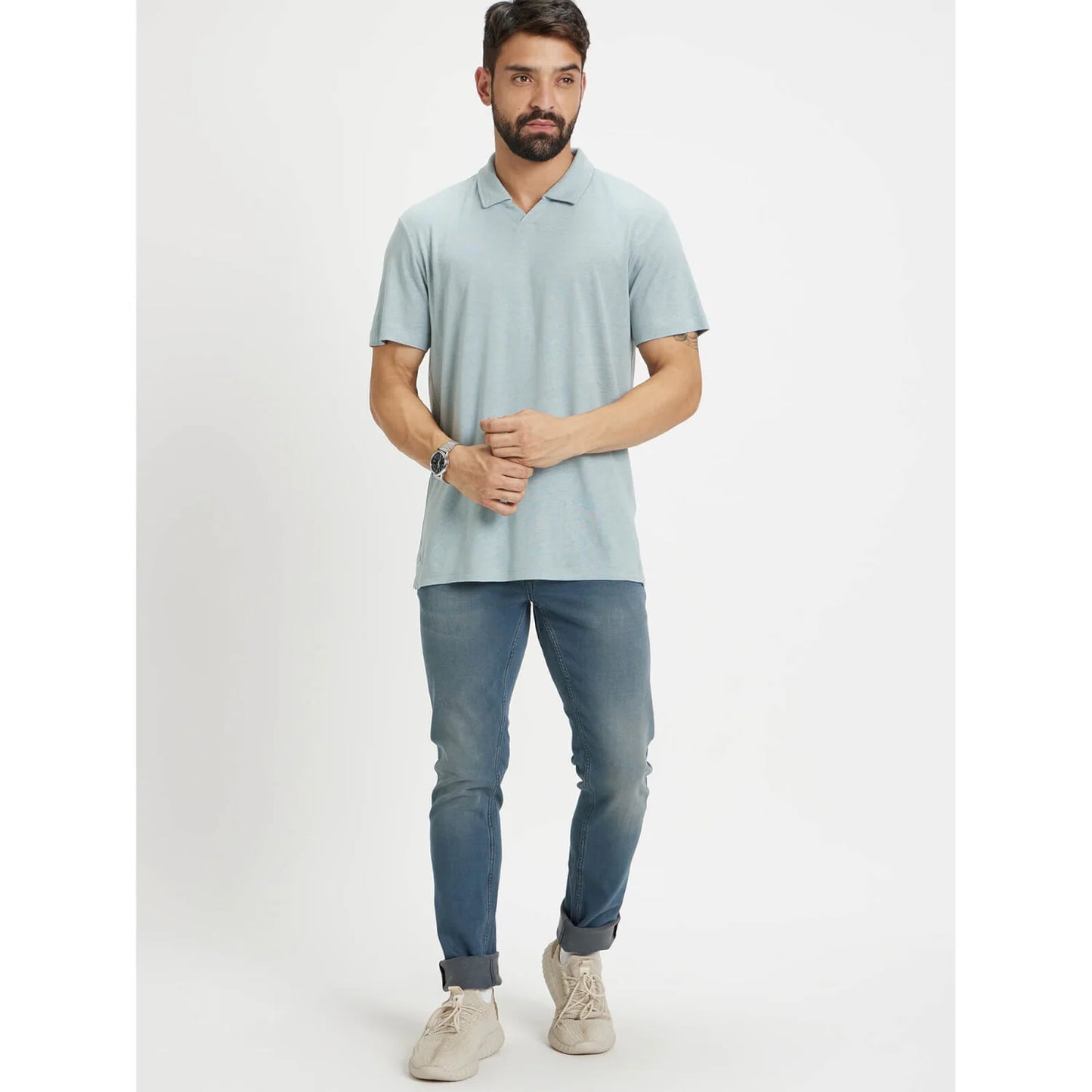 Blue Solid Linen-Blend Polo