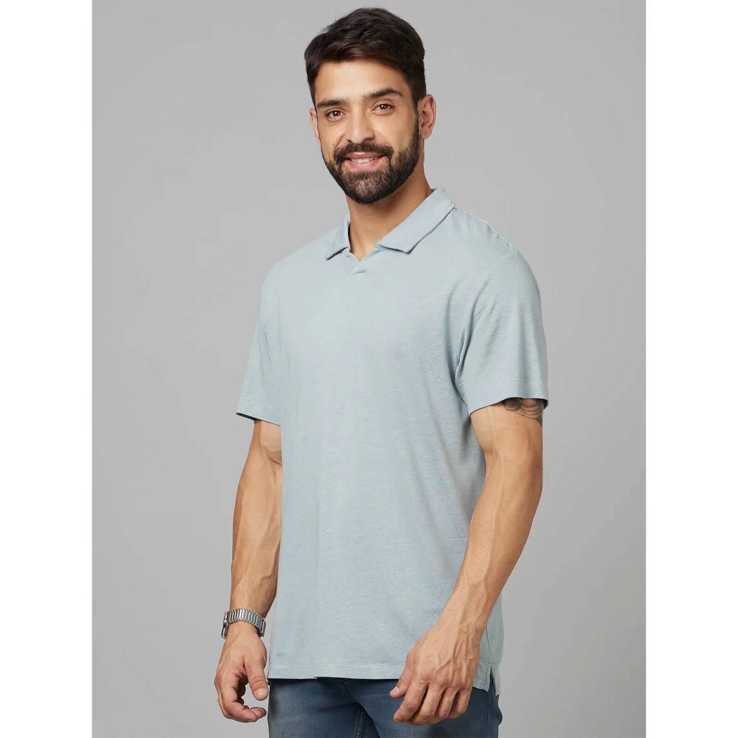 Blue Solid Linen-Blend Polo