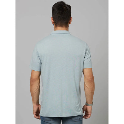 Blue Solid Linen-Blend Polo