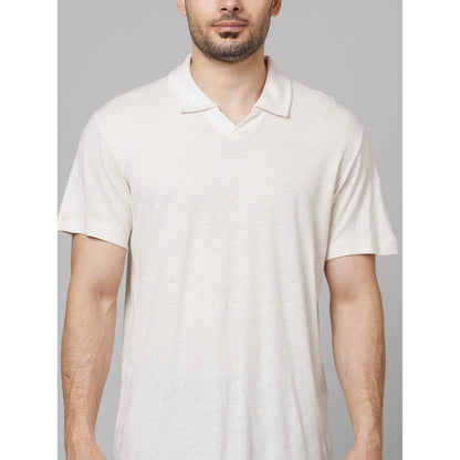 Off White Solid Linen-Blend Polo