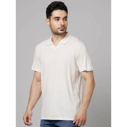 Off White Solid Linen-Blend Polo