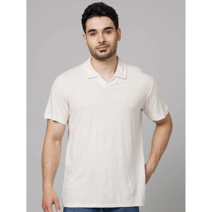 Off White Solid Linen-Blend Polo