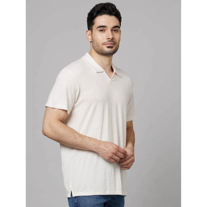 Off White Solid Linen-Blend Polo