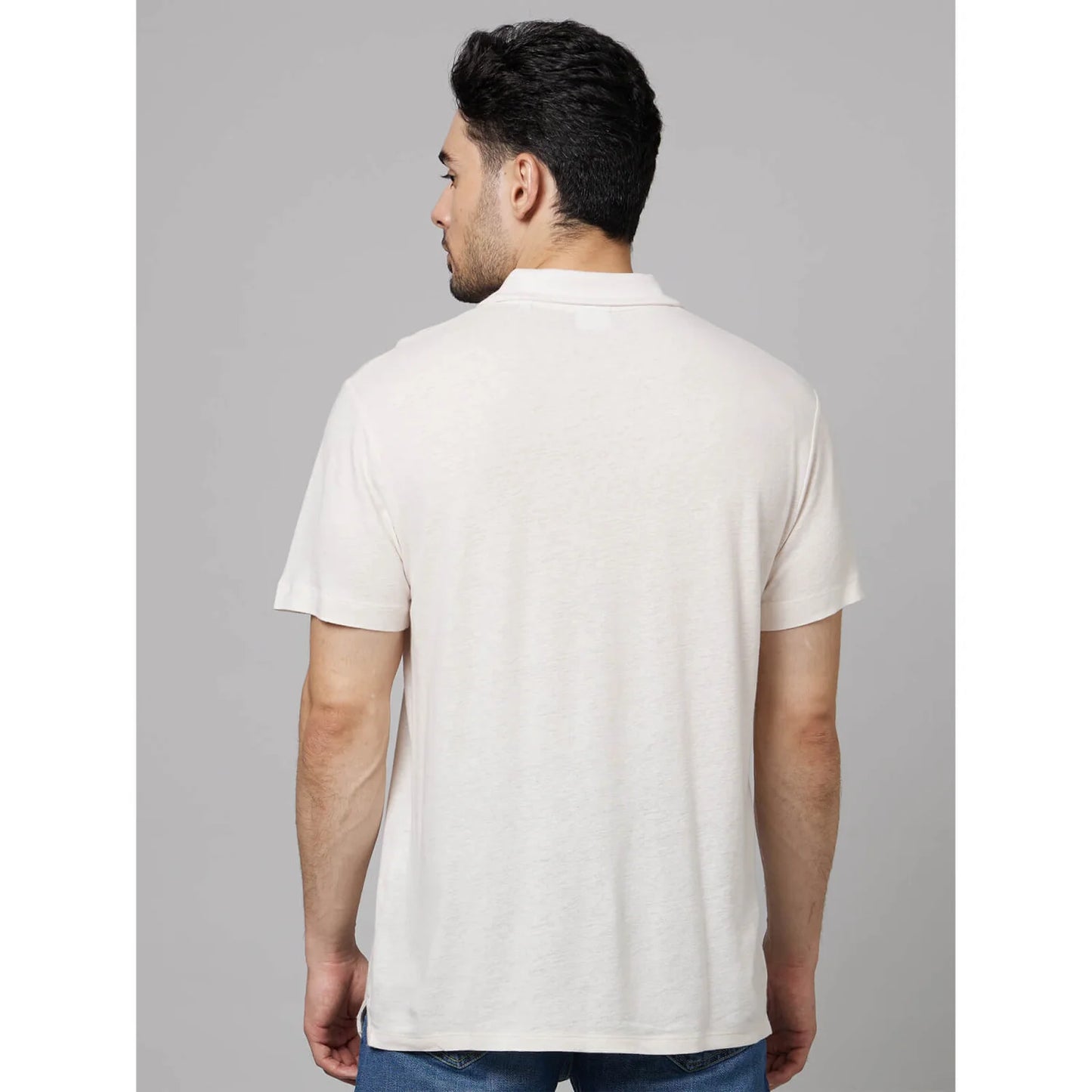 Off White Solid Linen-Blend Polo