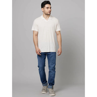 Off White Solid Linen-Blend Polo