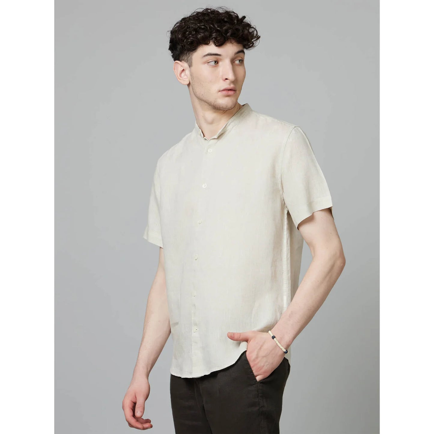 Beige Solid Linen Shirt