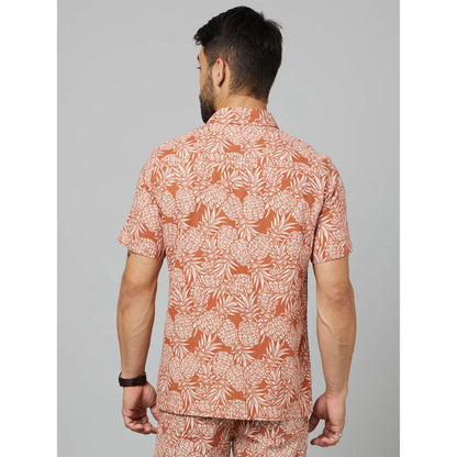 Rust Tropical Printed Cotton-Linen-Blend Shirt