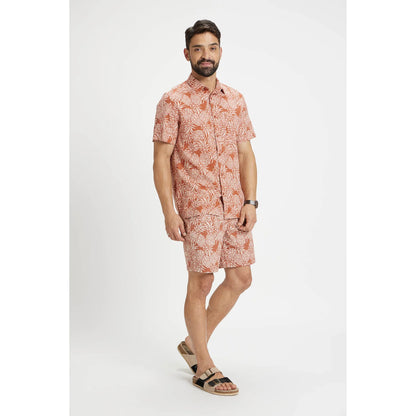 Rust Tropical Printed Cotton-Linen-Blend Shirt