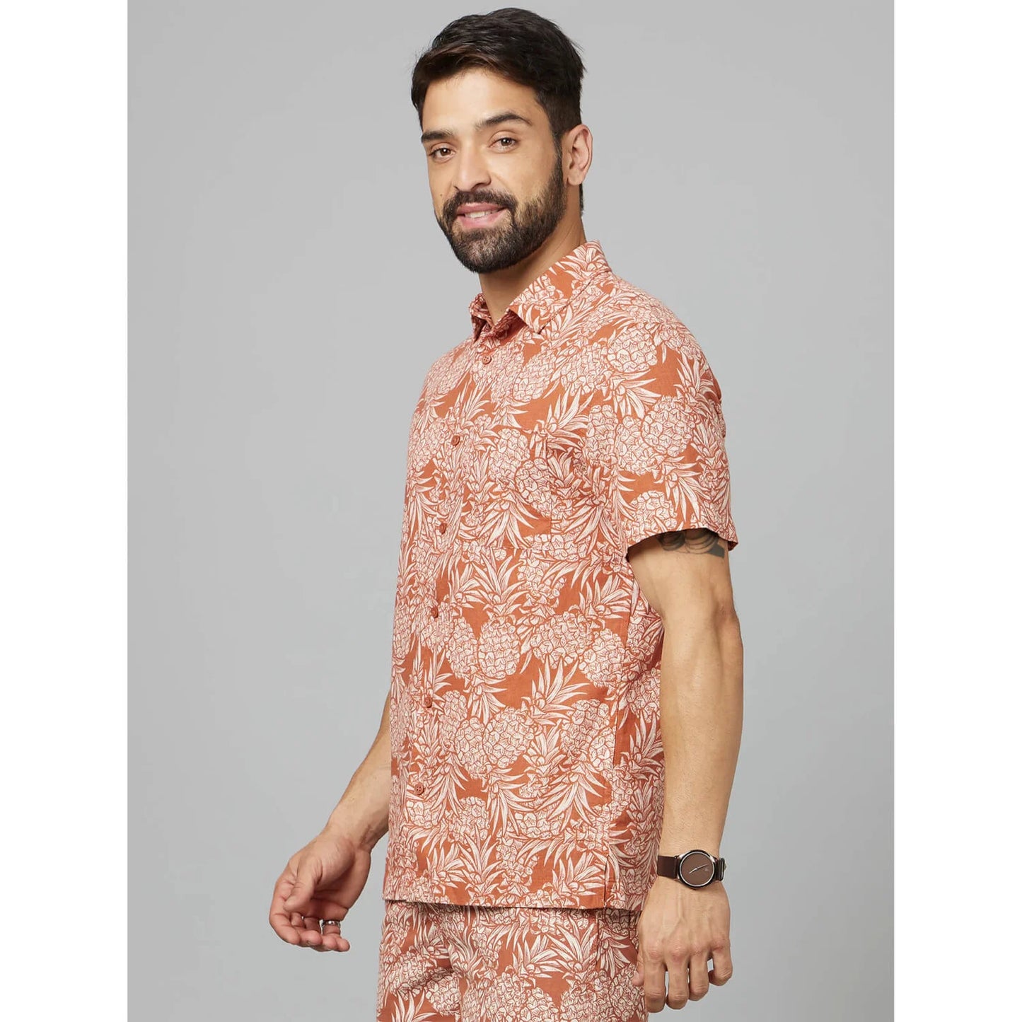 Rust Tropical Printed Cotton-Linen-Blend Shirt