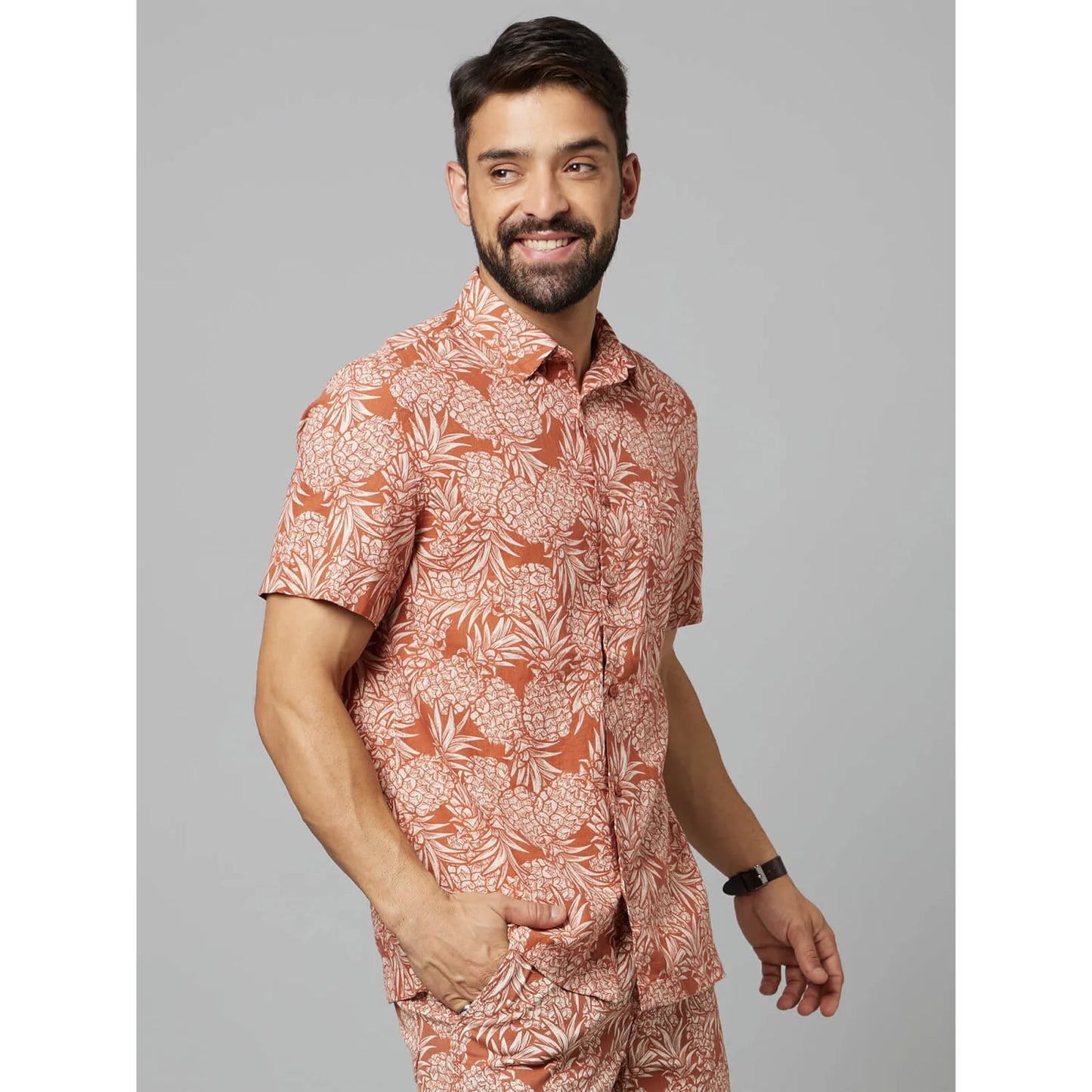 Rust Tropical Printed Cotton-Linen-Blend Shirt