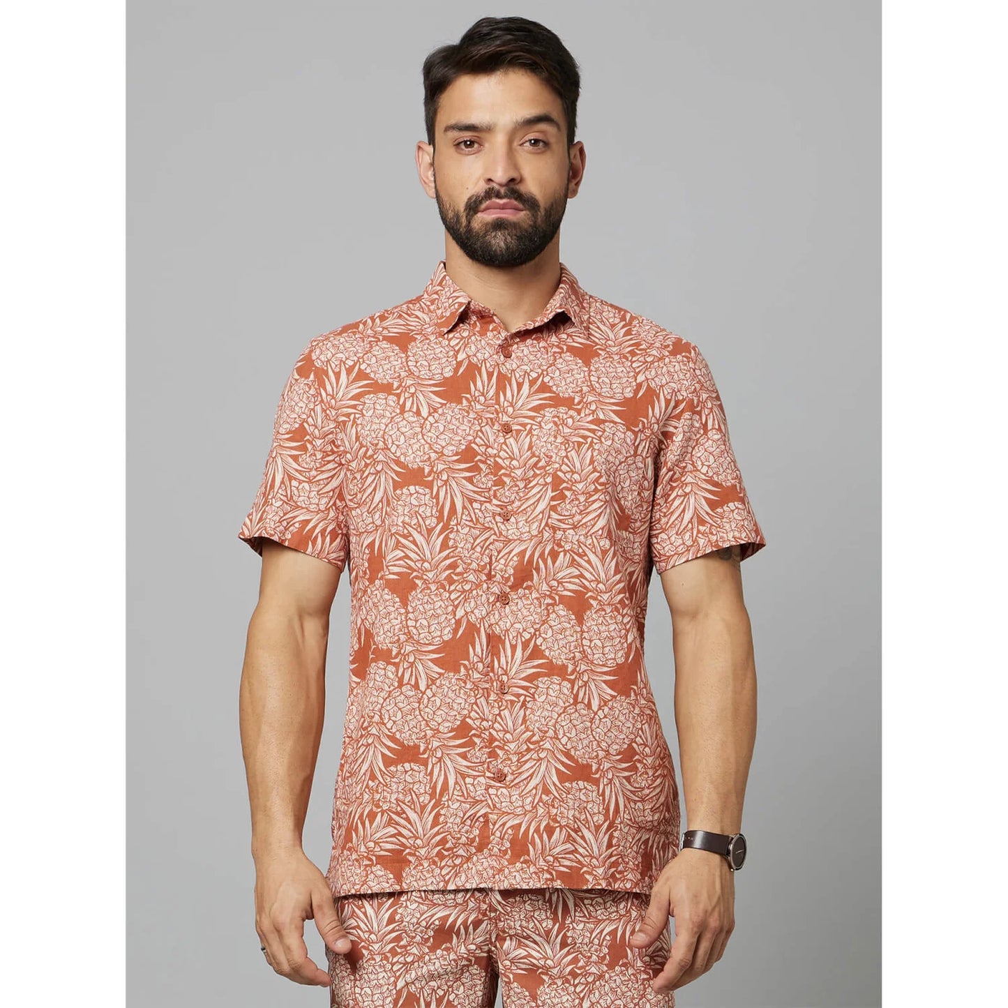 Rust Tropical Printed Cotton-Linen-Blend Shirt