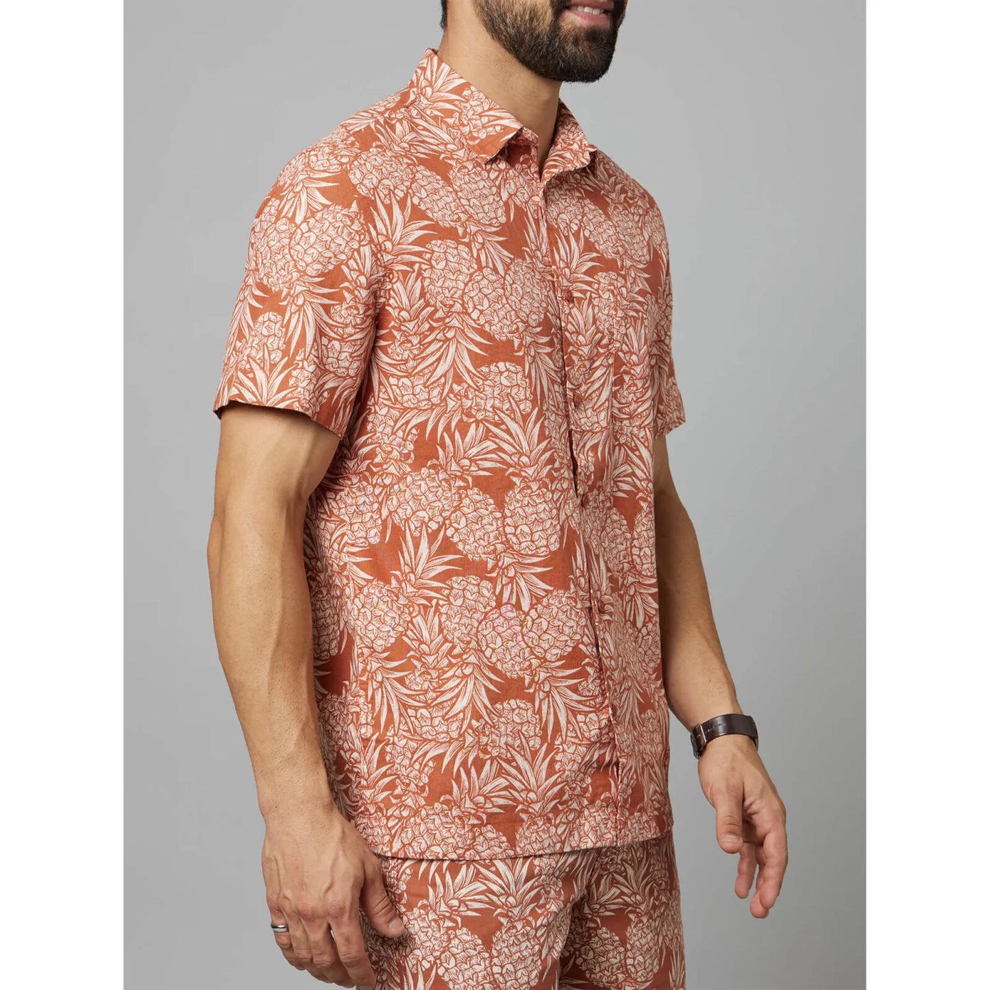 Rust Tropical Printed Cotton-Linen-Blend Shirt