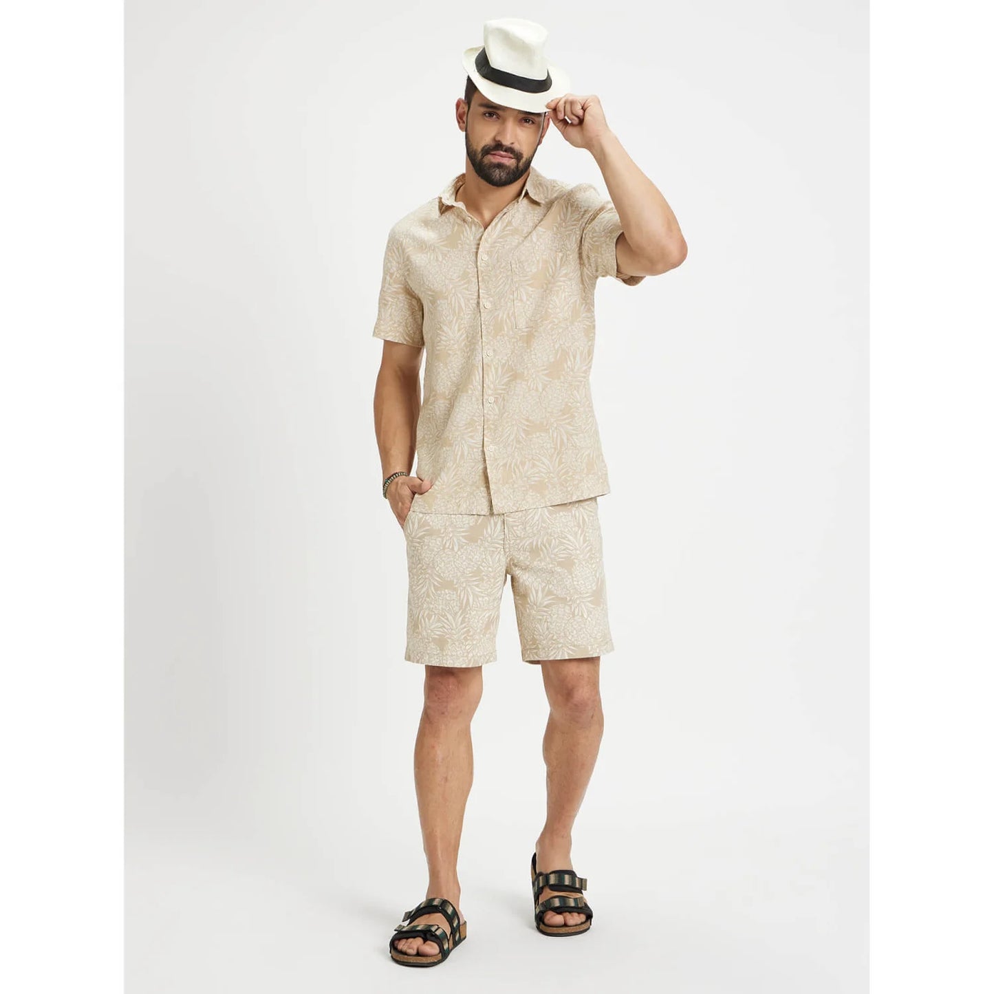 Beige Tropical Printed Cotton-Linen-Blend Shirt