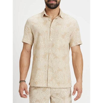 Beige Tropical Printed Cotton-Linen-Blend Shirt