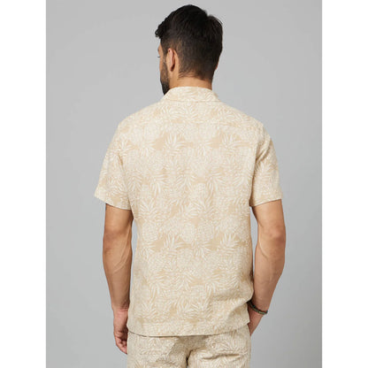 Beige Tropical Printed Cotton-Linen-Blend Shirt