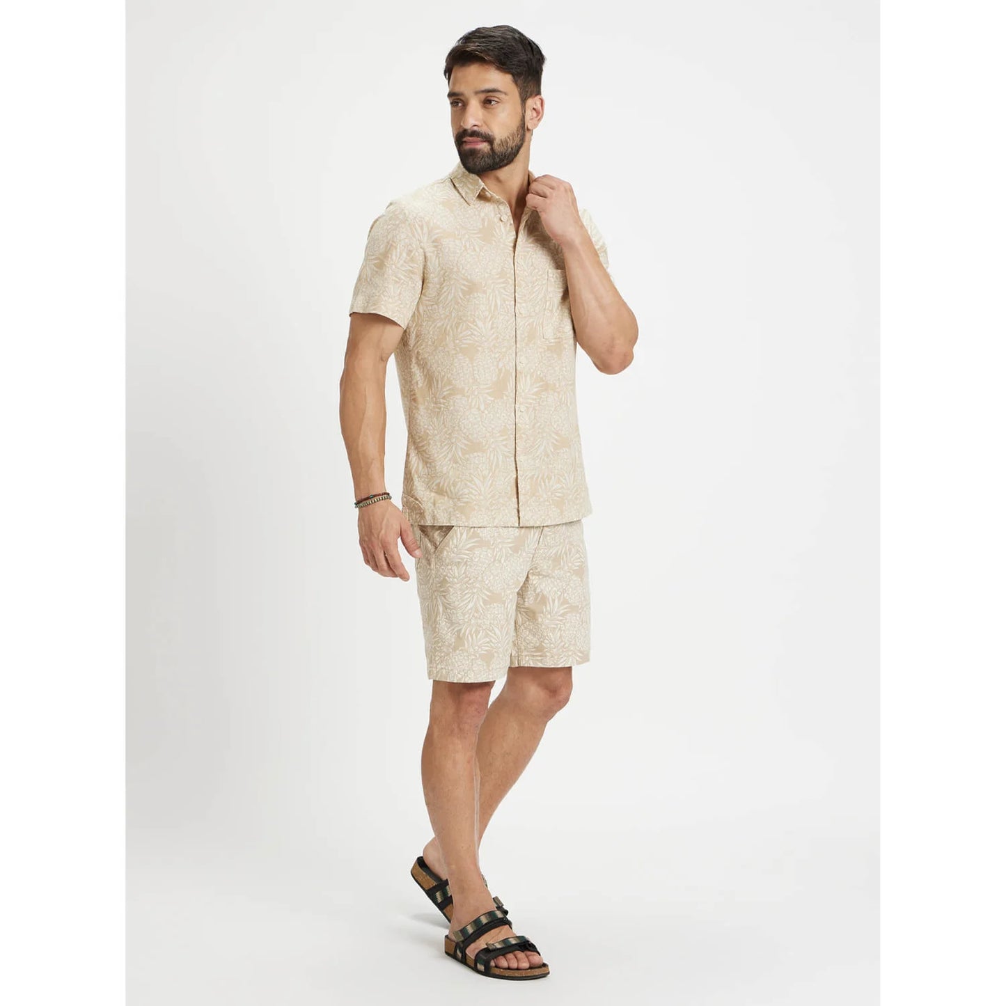 Beige Tropical Printed Cotton-Linen-Blend Shirt