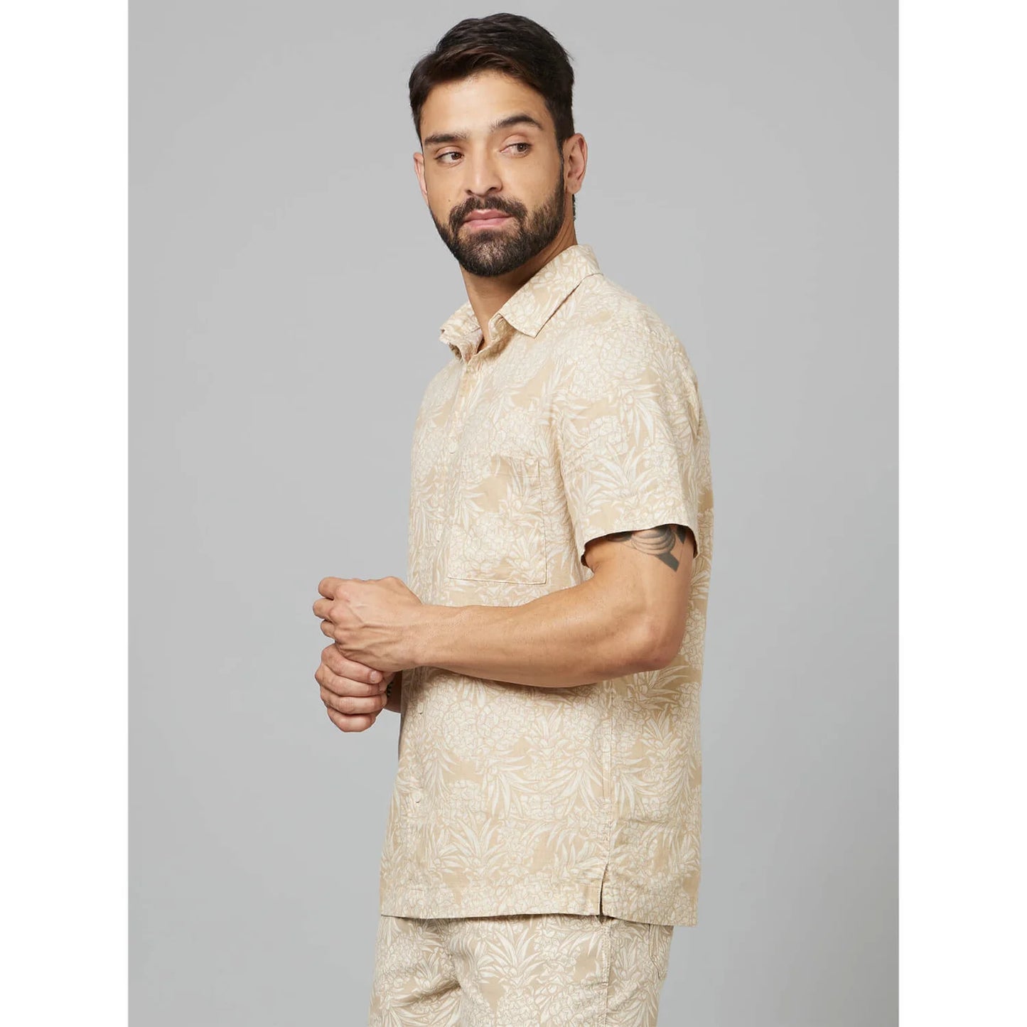 Beige Tropical Printed Cotton-Linen-Blend Shirt