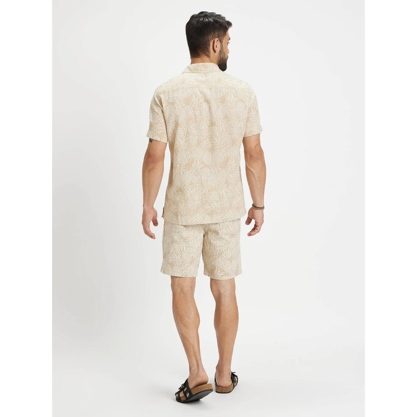 Beige Tropical Printed Cotton-Linen-Blend Shirt