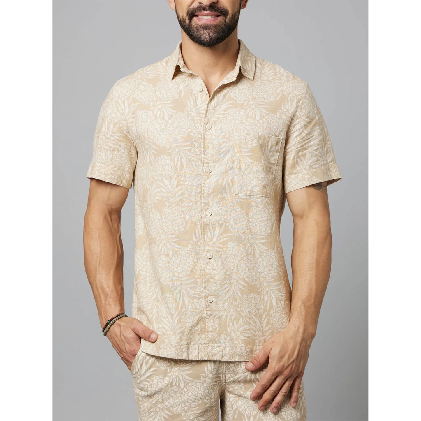 Beige Tropical Printed Cotton-Linen-Blend Shirt