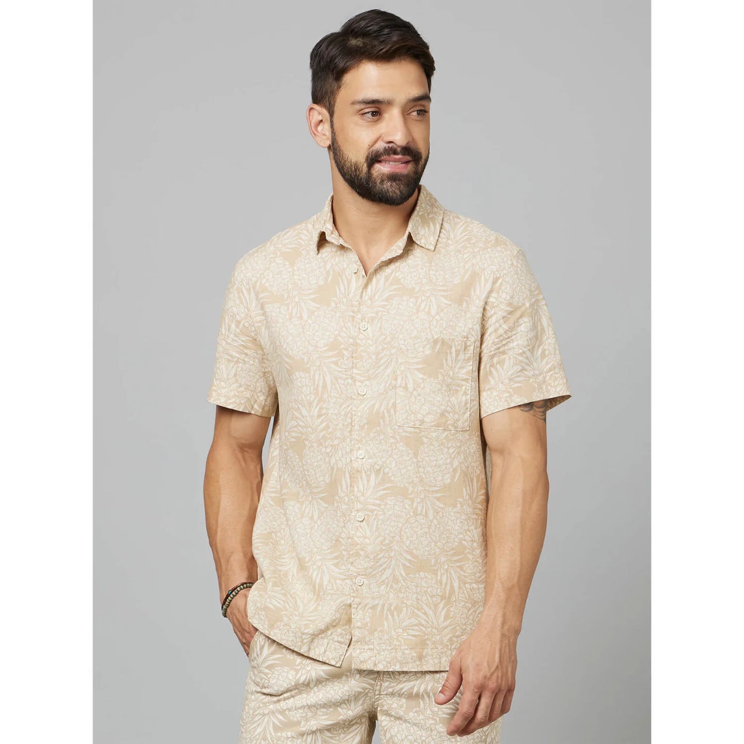 Beige Tropical Printed Cotton-Linen-Blend Shirt