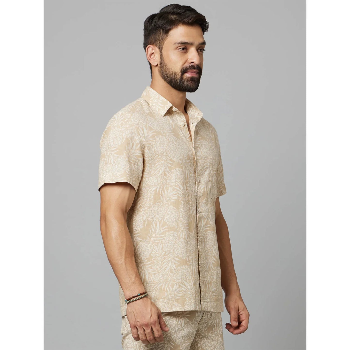 Beige Tropical Printed Cotton-Linen-Blend Shirt