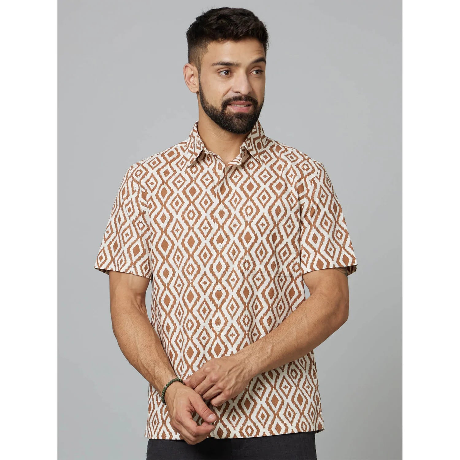 Brown Geometric Printed Cotton Shirt