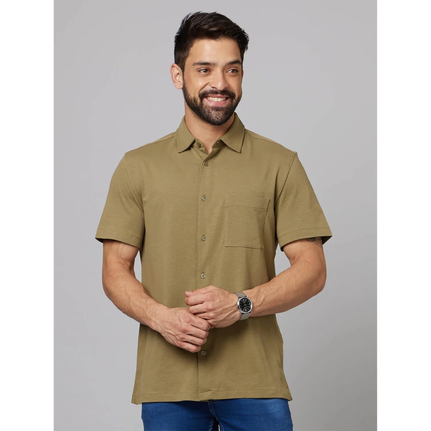 Khaki Solid Cotton Shirt