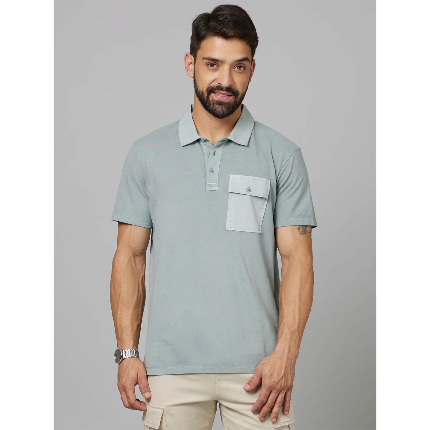 Green Solid Cotton Polo