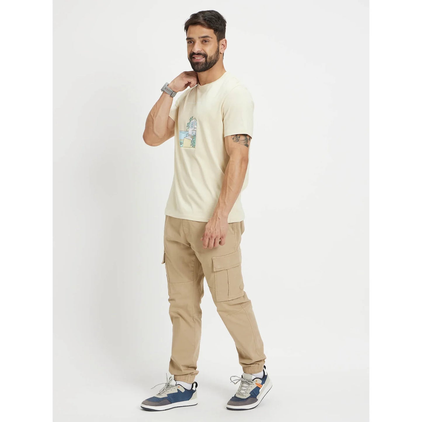 Beige Graphic Printed Cotton T-shirt