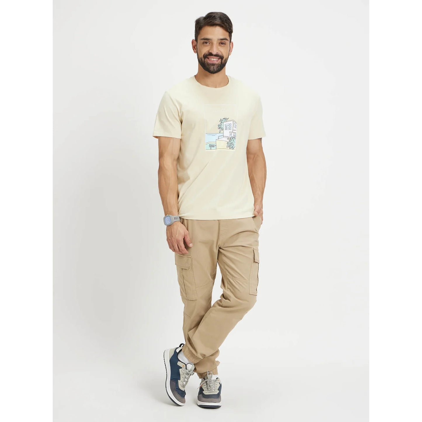 Beige Graphic Printed Cotton T-shirt