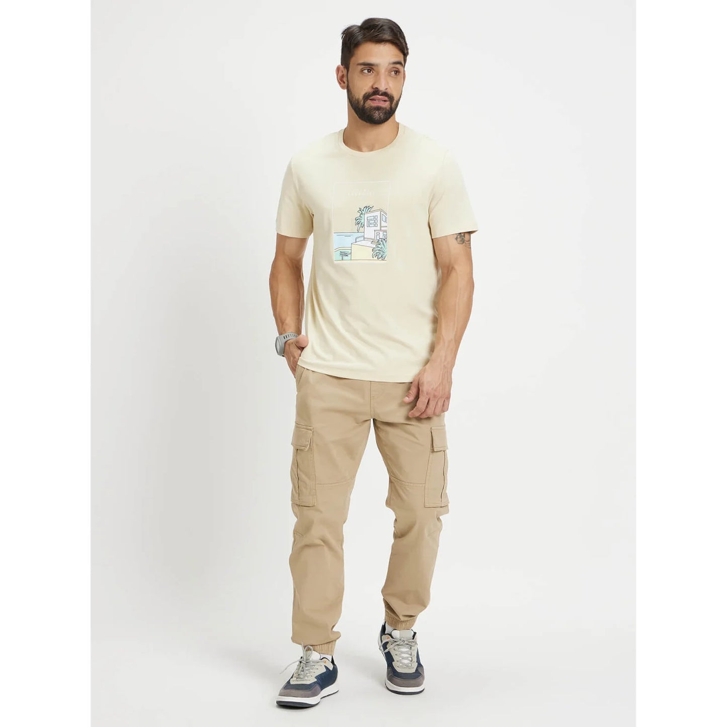 Beige Graphic Printed Cotton T-shirt