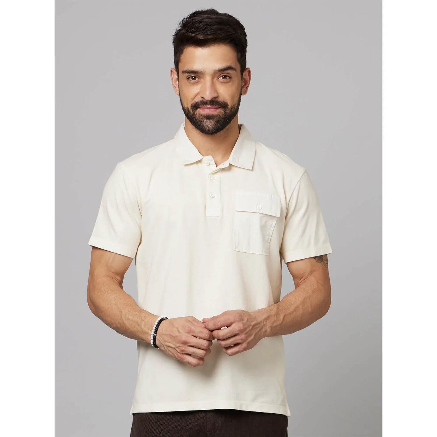 Cream Solid Cotton Polo