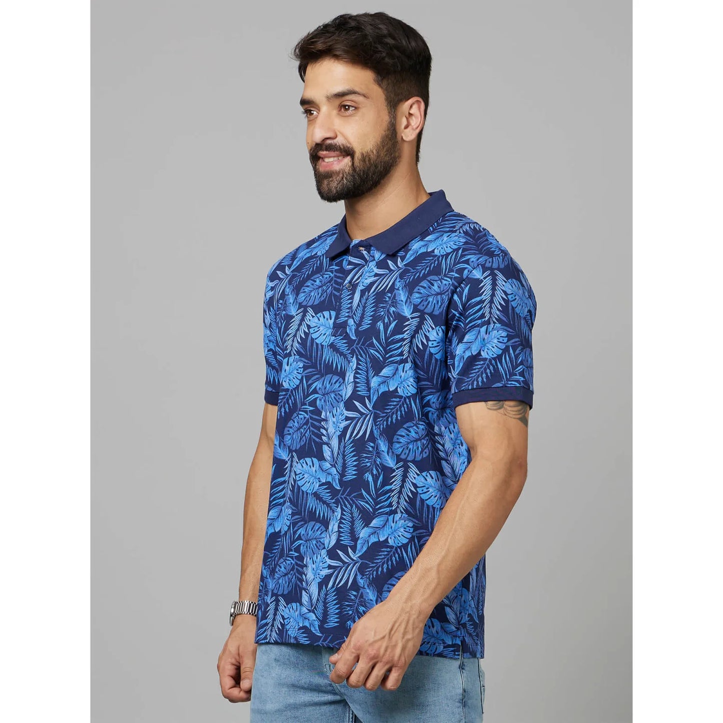 Blue Printed Cotton Polo