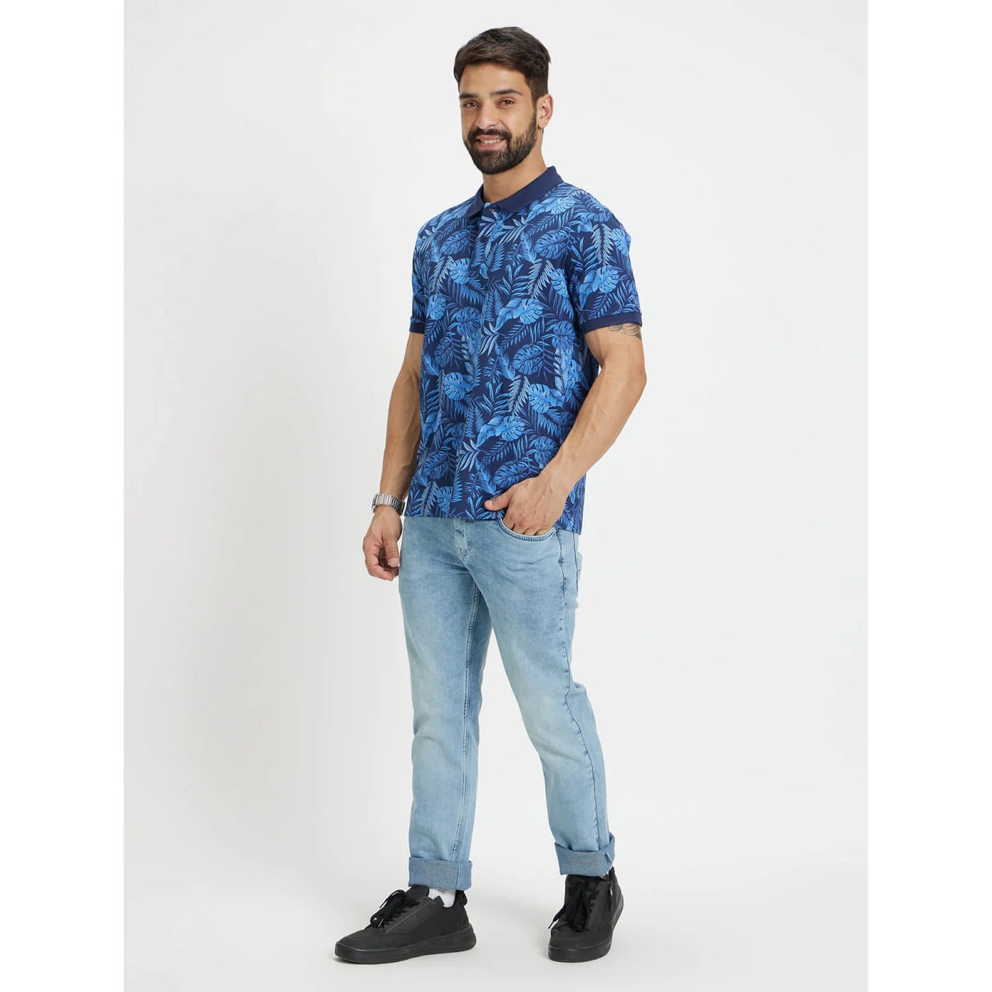 Blue Printed Cotton Polo