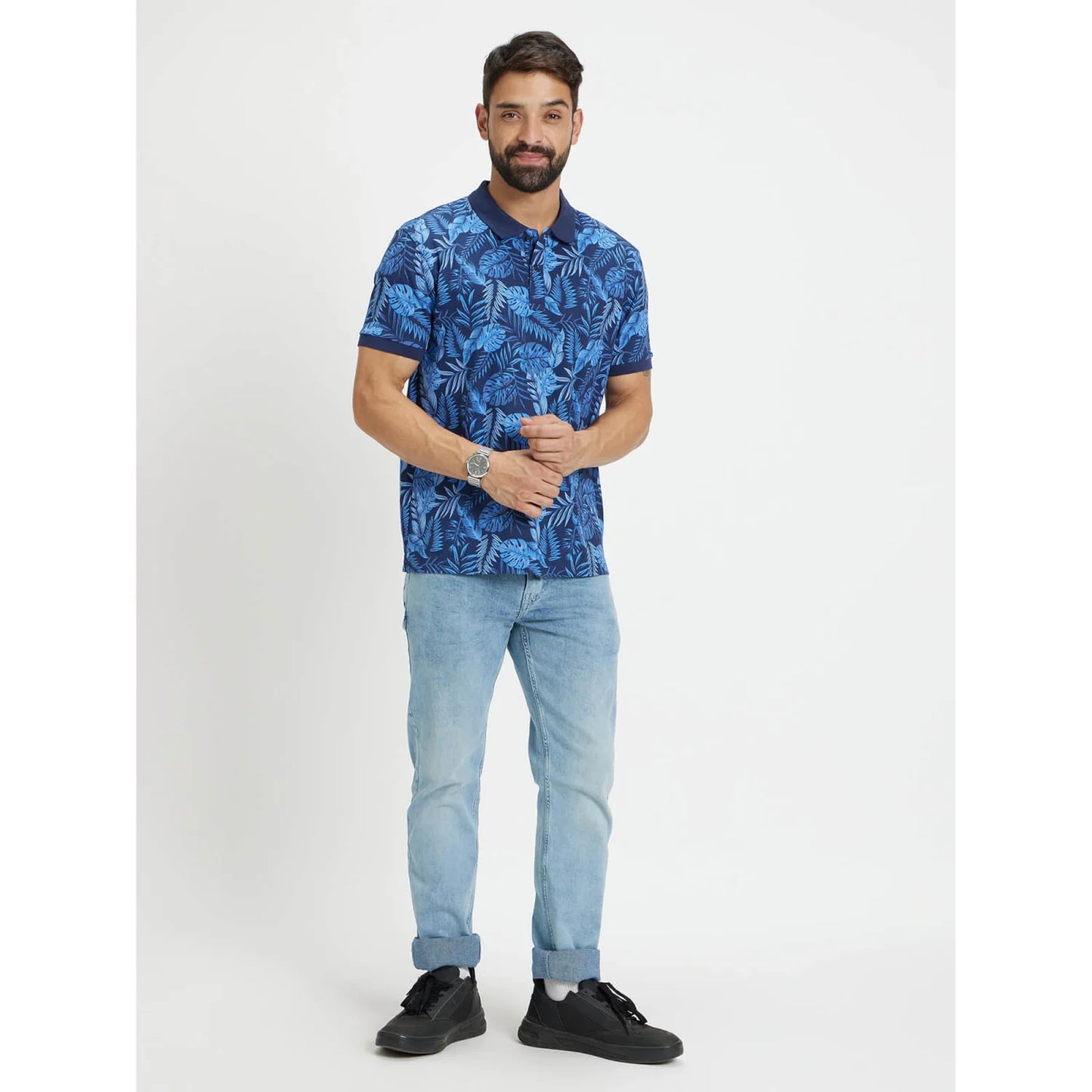 Blue Printed Cotton T-Shirt