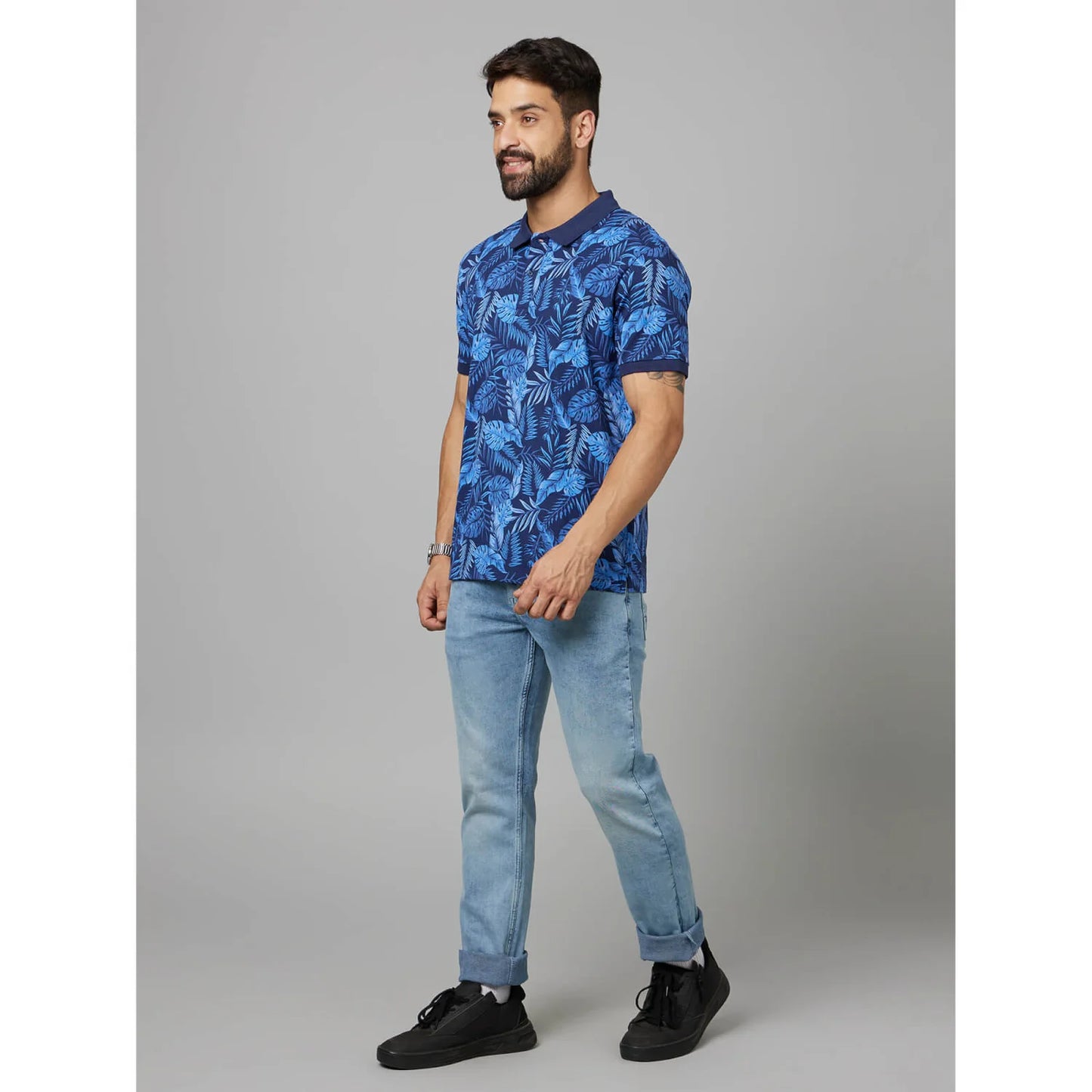 Blue Printed Cotton T-Shirt