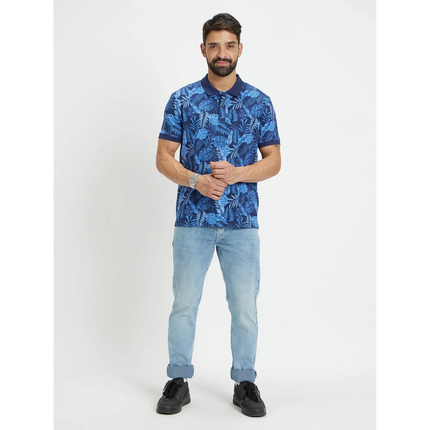 Blue Printed Cotton Polo