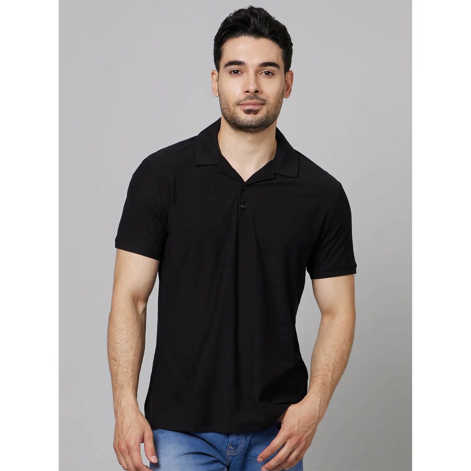 Black Solid Cotton Polo