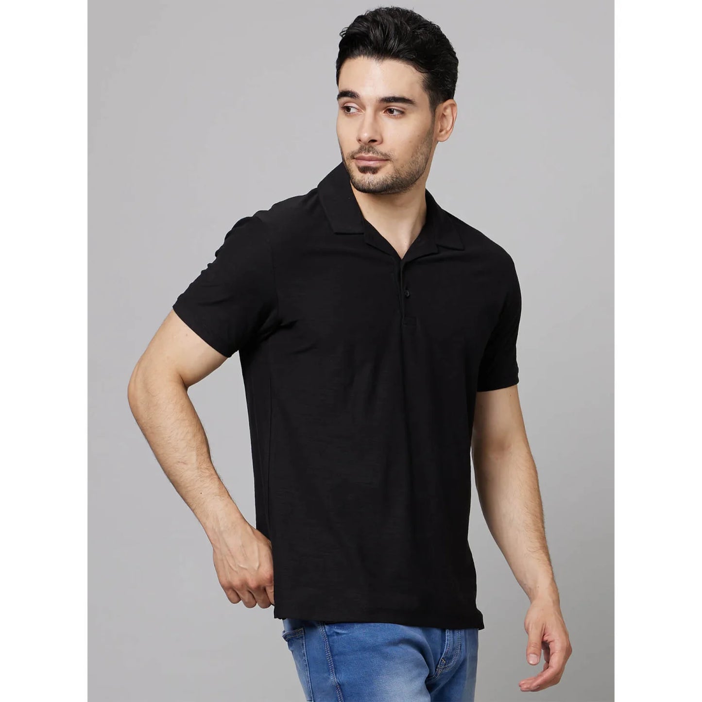 Black Solid Cotton Polo