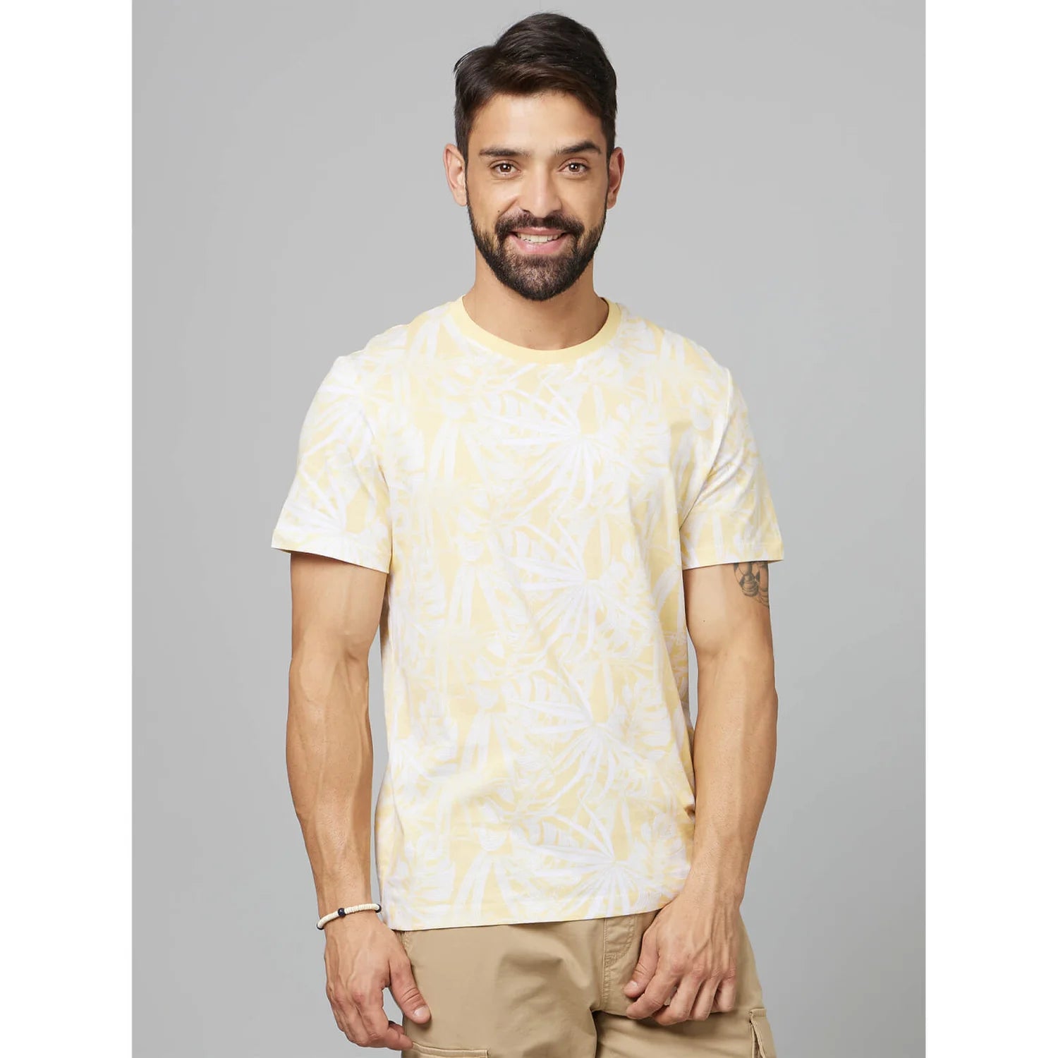 Yellow Tropical Printed Cotton T-shirt