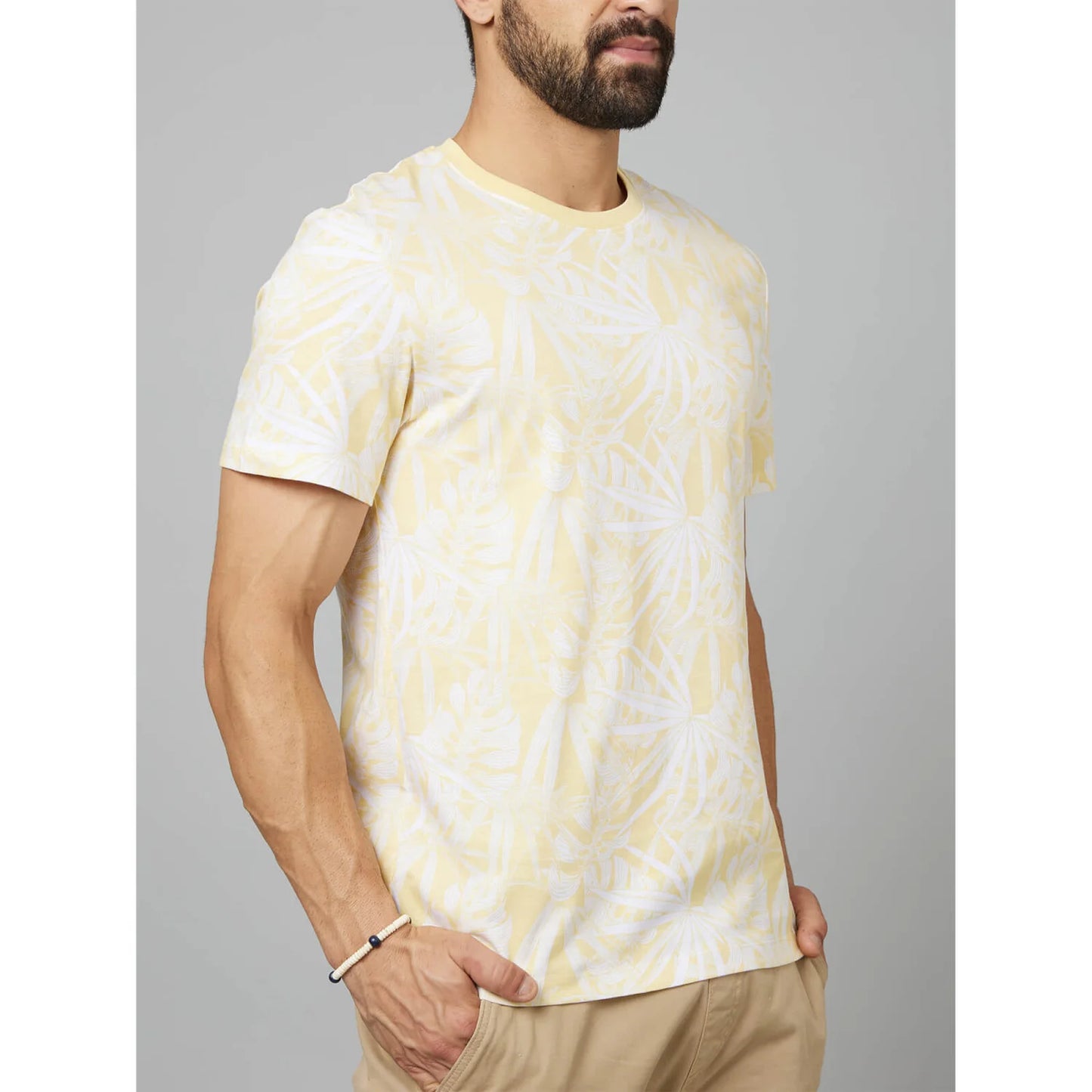 Yellow Tropical Printed Cotton T-shirt