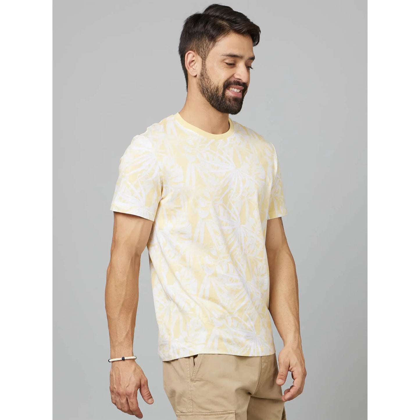 Yellow Tropical Printed Cotton T-shirt