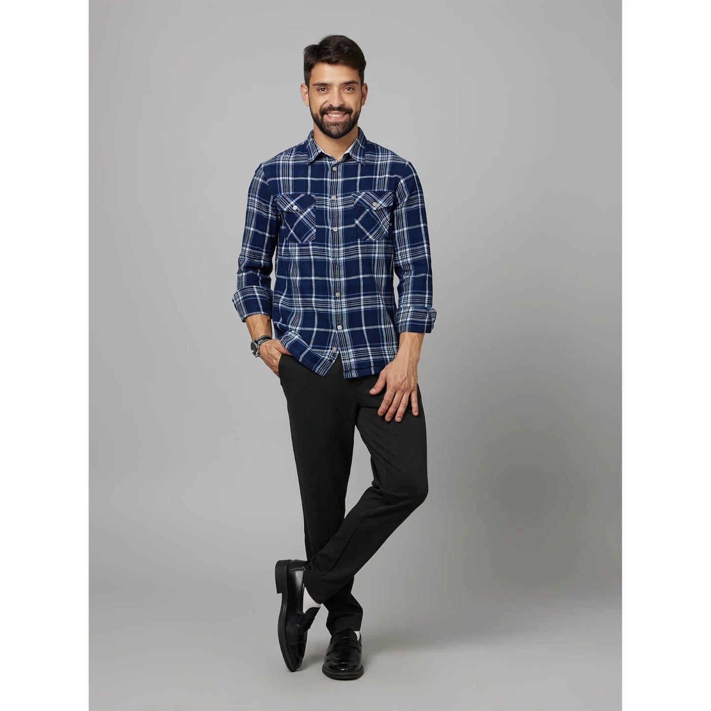 Navy Blue Checks Cotton Shirt